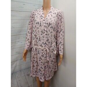 Paris Dreams Womens Eiffel Tower Robe Bonjour Belted XL Pink Lightweight